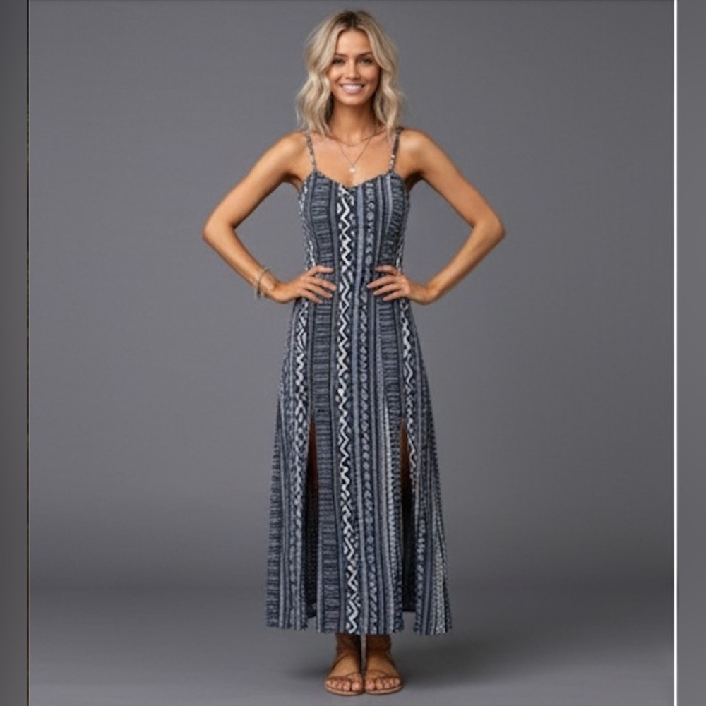 Boho Geo Print Split Thigh Cami Dress Blue